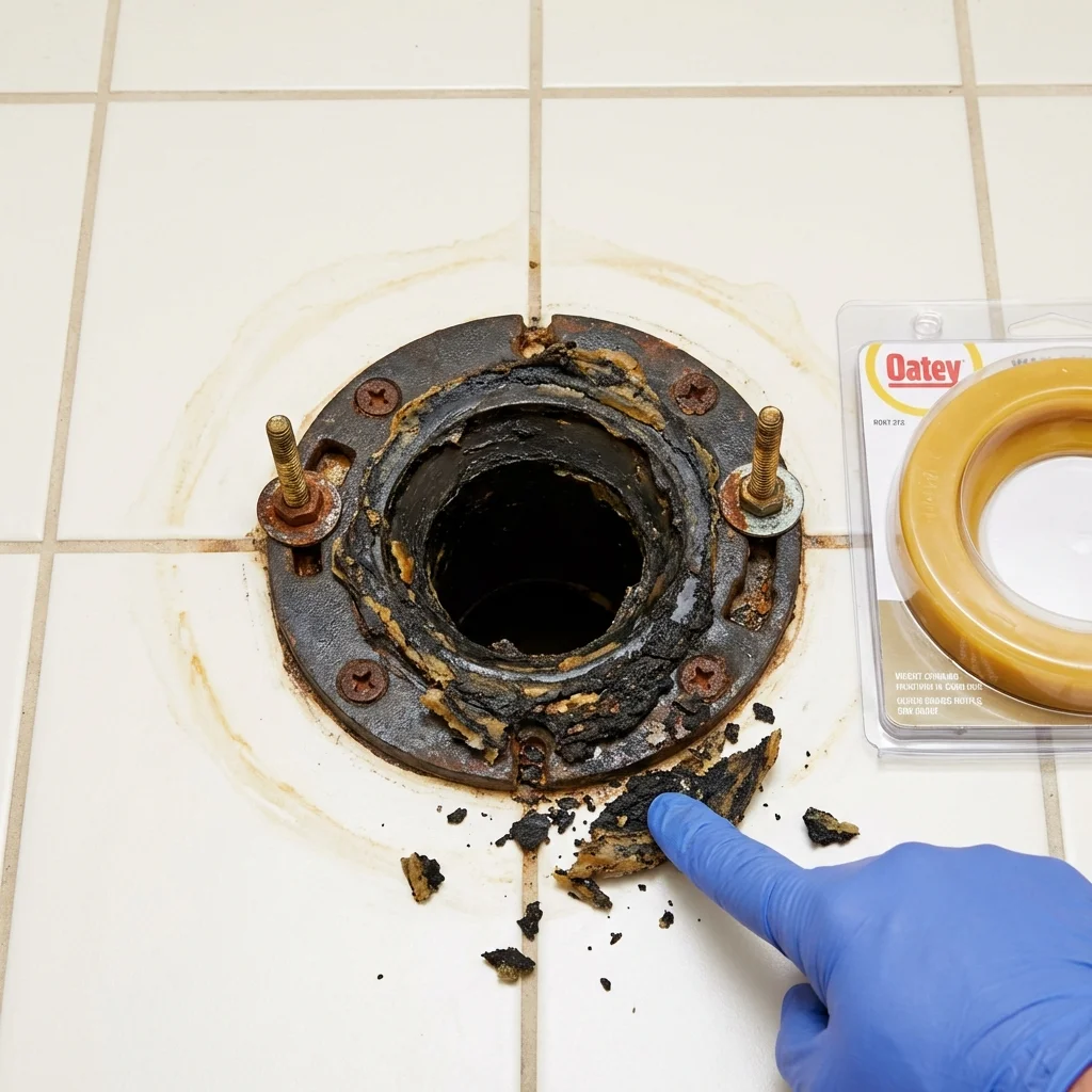 Failed wax ring showing water seepage at the base of a toilet in a Greenville, OH home