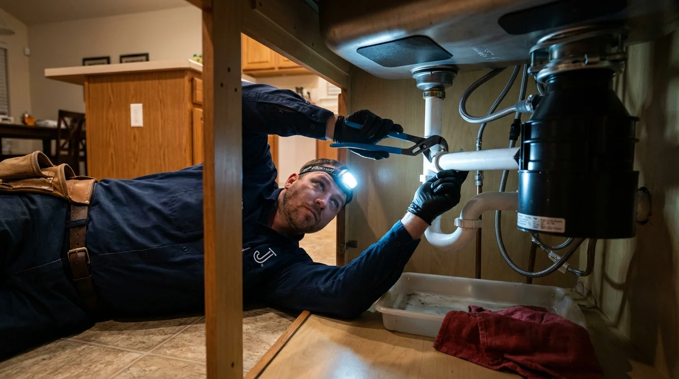P-trap and supply line connections under a kitchen sink showing a common leak point in Greenville, OH